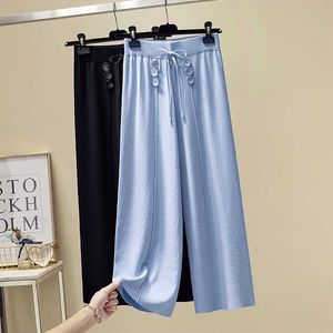 Kvinnor Höst Vinter Sticka Byxor Svart Blå Brett Ben Löst Byxor Ankel Längd Casual Byxor Elastisk Midja Plus Size Pant 210529