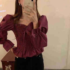 Sexy Doce All-Match Casual Francês Feminino Mulheres Collar Smoted Puff Sleeves Short Shirts Sólidos Tops 210525