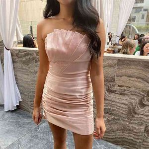 Högkvalitativ Kvinnor Designer Sexig Strapless Pink Party Dress Elegant Evening Prom Celebrity Bodycon Vestido 210527
