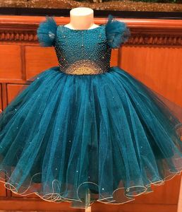 2021 Navy Blue Beaded Ball Gown Tutu Flower Girl Dresses Fashion Tulle Elegant Lilttle Barn Födelsedag Pageant Wedding Gowns ZJ01
