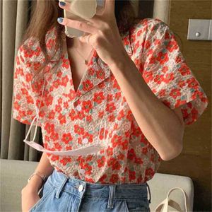 穏やかなレトロな夏のトップスすべてのマッチフローラルズルーズブラウス快適なフレンチプリントFeme Chic Office Lady Shirts 210525