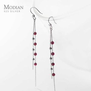 Red Crystals Tiny Balls Tassel Dangle Earring for Women Fashion Sterling Silver 925 Hook Fine Jewelry Girl Gift 210707