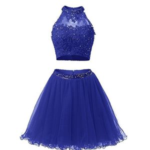 Sweet Sexy Backless Sequins Ball Gown Mini Homecoming Dress With Two Pieces Appliques Tulle Plus Size Graduation Cocktail Prom Party Gown BH11