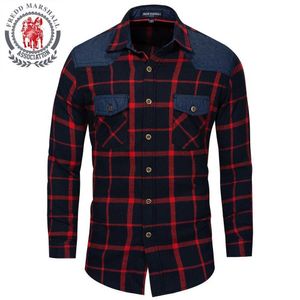 Fredd Marshall Fashion Plaid Рубашки мужчины с длинными рукавами повседневная джинсовая рубашка мужчина социальный обычный 210527