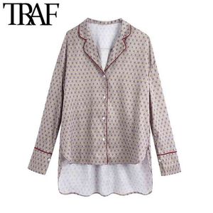 Women Fashion Patchwork Piping Print Loose Asymmetric Blouses Vintage Long Sleeve Button-up Female Shirts Chic Top 210507