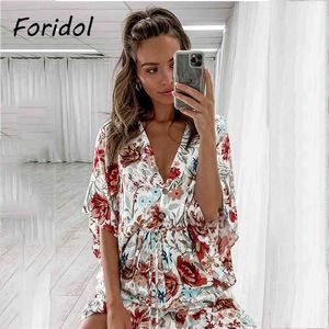 Szeroka noga Floral Print Summer Boho Pajacyki Kombinezony Kobiety V Neck Batwing Sleeve Button Casual Luźne Playiów Plaża 210427