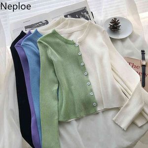 NEPLOE FALL Ubrania Swetry Damskie Kontrast Kolor Knitwear Cardigan O-Neck Z Długim Rękawem Knit Cropped Sueter Coat Pull Femme 4G596 210422