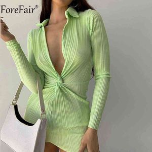 Forefair 2021冬のセクシーなボディコンドレス緑の深いVネック長袖秋ファッションカジュアルな黒人女性ミニシャツドレスG1215