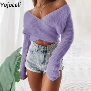 yojoceli 우아한 숄더 부드러운 니트 풀오버 여성 섹시한 보라색 가을 스웨터 점퍼 뜨개질 톱 210609