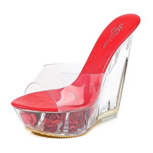 Hoksvzy Super High Heel Cool Slipper Transparent Specialformad Kristall Slipper Vattentät Platform 15cm Wedges Kvinnor Sandal GHT5742