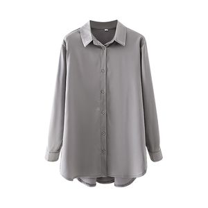 Kausale Frauen Elegante Solide Grau Shirts Mode Damen Lose Satin Weiche Tops Streetwear Weibliche Chic Taste Bluse 210430