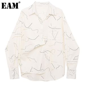 [EAM] Kadınlar Beyaz Desen Baskılı Büyük Boy Bluz Yaka Uzun Kollu Gevşek Fit Gömlek Moda İlkbahar Sonbahar 1dD6918 210512