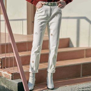 2021 Brand Spring Star Broderade Elastiska Straight Jeans High Waist Capris