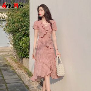 Damen Polka Dot Kleid Strand Rüschen Chiffon V-Ausschnitt weiblich Sonne Elegant Boho ES Sommer Maxi Rosa für Damen 210428