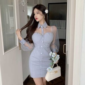 여름 패션 할로우 아웃 옷깃 메쉬 긴 소매 섹시한 드레스 여성 Vestido Feminino 210529