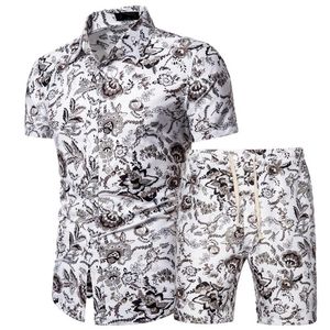 2 Pieces Sets Summer Featured Printing Tracksuit Men Casual Fashion Floral Print Shirts+Shorts Set Mens Beach Hawaiian Clothing