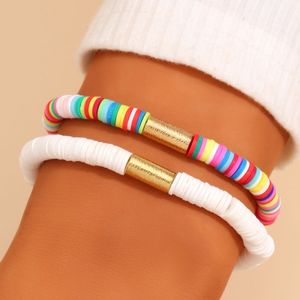 Estilo Bohemian Arco-íris Color Polímero Clay Beads Castanhas Pulseira Homens Mulheres Elástico Jóias Para Atacado 2 Pcs / Set