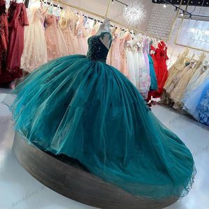 Charro hunter green quinceanera платья с плеч Appliques кружев Crost Back Sweet 16 Prom Party Платье Vestidos de XV AOS