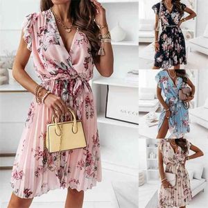 Sommer Rüschen Kurzarm V-ausschnitt Digital Print Kleid Frauen Mode Boho Stil A-linie Plissee Femme Robe Vestidos 210517