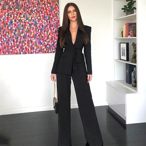 Calça de trabalho feminina terno de 2 peças Uniforme de entrevista de negócios Smil jaqueta e perna larga Office Sexy 210525