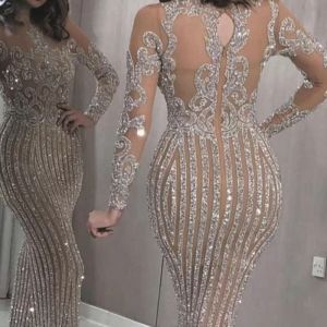 Wspaniałe Długie rękawy Wysokiej szyi Syrenki Suknie Wieczorowe Zobacz przez Koronkowe Formalne Prom Dresses Arabskie Suknie Celebrity CG001