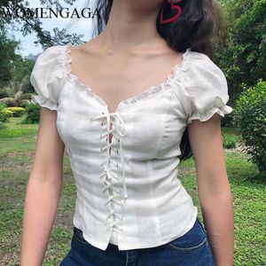 Kawaii Estilo Coreano Verão Camiseta Mulheres Quadrado Neck Malha Top Lace Up Ruffle Camiseta Branco Elegante Sexy Boho Streetwear UW8 210603