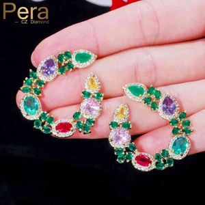 Pera Emerald Green CZ Pietra pavimentato asimmetrico Duibai Giallo Giallo Round Big Luxury Donne Orecchini per cocktail Party Jewelry E440