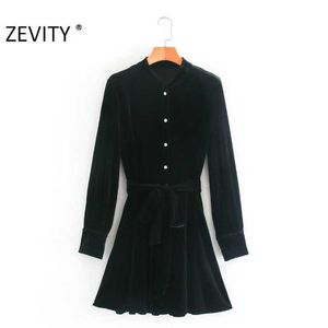 Zevity秋の女性ヴィンテージスタンド襟の黒いベルベットのシャツのドレスレディースシックな長袖の弓縛られたサッシA回線Vestido DS4568 210603