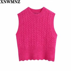 Women Fashion Cropped Cable-knit Vest Sweater Vintage O Neck Sleeveless Female Waistcoat Chic Red Tops 210520