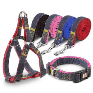 Denim Nylon Dog Collars sele Leases Set Justerbar Hållbar tung tull liten medelstora hundar perfekt för att gå springande träning s blå