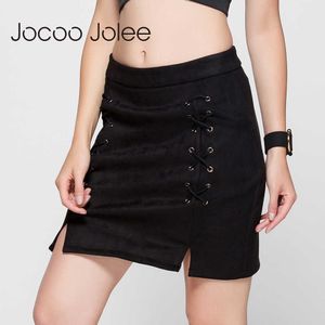 Joloo joloe outono lace up couro camurça lápis saia inverno cruz alta cintura saia zíper split bodycon saias curtas mulheres 210619