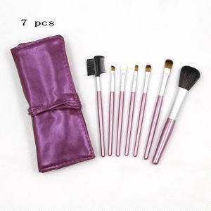 7 pcs Purple Make Up Brushes Leather Bag Silver Pink Gold Brown Black Wooden Makeup Brush