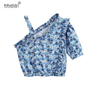Frauen Fashion Floral Print Popeline Cropped Blusen Vintage Skew Kragen Asymmetrische Träger Shirts Mädchen Chic Tops 210520