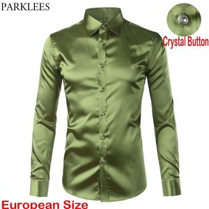 Green Silk Satin Dress Shirt Men Luxury Brand Casual Dance Party Long Sleeve Chemise Smooth Wrinkle Free Tuxedo Shirts 210522