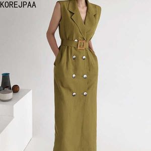 Korejpaa النساء اللباس الصيف الكورية شيك أنيقة مزاجه ضوء بدلة مطبوخة طوق مزدوجة الصدر أكمام vestidos 210526