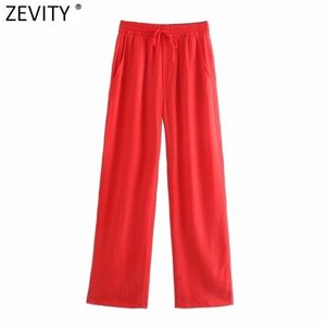 Zevity kvinnor helt enkelt solid färgfickor patch casual raka byxor kvinnlig chic elastisk midja spets upp sommar långa byxor p1129 211115