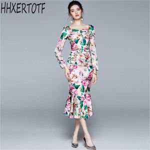 秋のファッション滑走路長袖ドレスのエレガントなフリルの花柄のマーメイドパーティーボディコンドレス210531