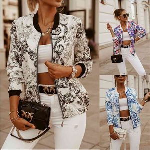 Spring Flower Print Long Sleeve Women's Bomber Jacket Fashion Zipper Up Vintage Coat Tops Elegant Slim Basic Ladies Jackets 210821