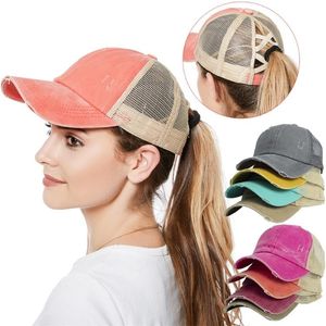 CC Men's and women's summer sunshade camouflage baseball mesh cap sunscreen breathable ponytail adjustable Pure color duck tongue