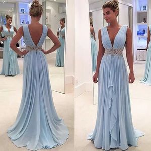 Light Sky Blue Summer Chiffon Prom Dresses Plunging V Neck Pleated Crystal Beaded Evening Gowns Sexy Backless Prom Dress