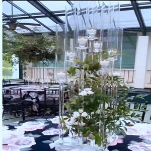 Może używać tylko do świecy LED) Dekoracja Kryształowa Rury Świece Uchwyt 8 Arms Tall Wedding Tree Candelabra Transparent Table Decoration Centerpieces z abażur