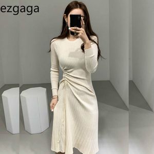 Ezgaga French Style Elegant Knit Sweater Dress Women Solid Drawstring Lace Up Base Ladies Bodycon Dress Temperament Vestidos 210430