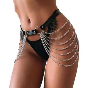 Cintura a catena in pelle nera Goth Sexy Catene del ventre del corpo Gonna stile punk Cinturino in vita Coscia Harness Gioielli da ballo