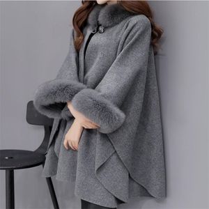 Spring Fashion Poncho Outwear Fur Collar Long Section Wool coat, Coat Elegant Cloak Shawl Jacket Female Christmas Gift 211118