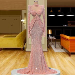 Dubai Pink Luxury Beads Evening Dress 2021 High Neck Long Sleeve Sweet 15 16 Mermaid Prom Dress Birthday Gowns