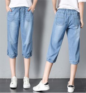 Damjeans Dam kalvlångt Harem Capris Plus Size Jeansbyxor med hög midja elastisk snörning Lösa pojkvänner Jean Femme