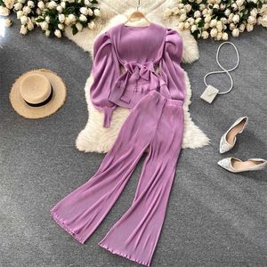 Eleganckie kobiety Purple Pant Garnitury Wiosna Jesień Solidna Rękaw Puff Top Plised Szyfonowy Szeroki Nogi Spodnie 2 Sztuka Set Kobieta Strój 211105