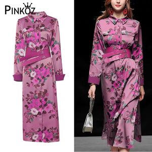 Plus Size Corset Manga Longa Midi Roxo Dresses Senhoras Flower Streetwear Retro Impressão Floral Vintage Belt 210421