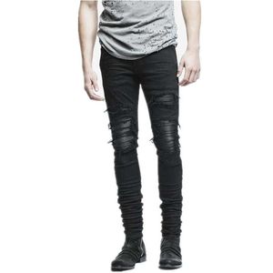 Nouveau Dropshipping Hommes Déchiré Biker Jeans Distressed Moto Denim Joggers Détruit Genou En Cuir Plissé Patch Jeans X0621