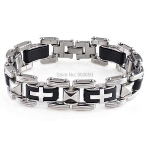 Fashion Jewelry Men Cross Stainless Steel Black Rubber Bracelet Bangle Wristband Male Silicon Stainless Steel Bracelets Q0719